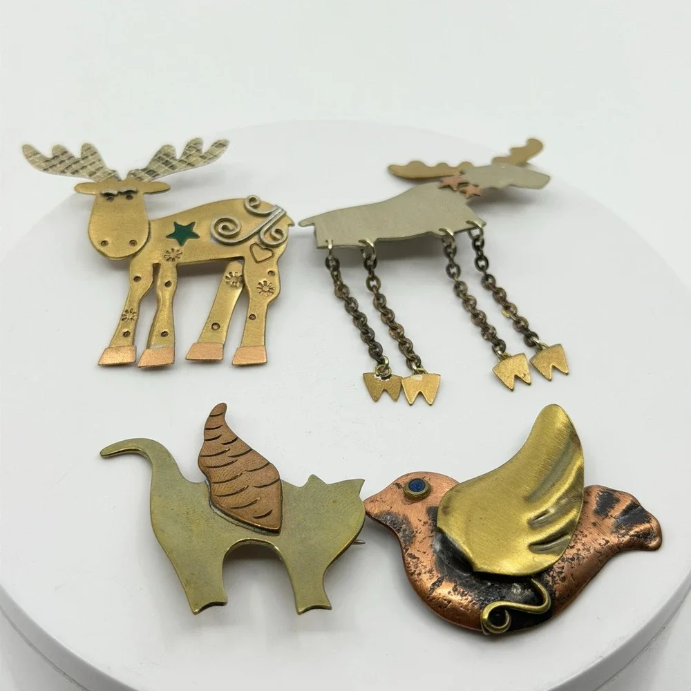 Lot of 4 Brass & Copper Tone Animal Brooch Pin Moose Cat Bird Folk Art Christmas